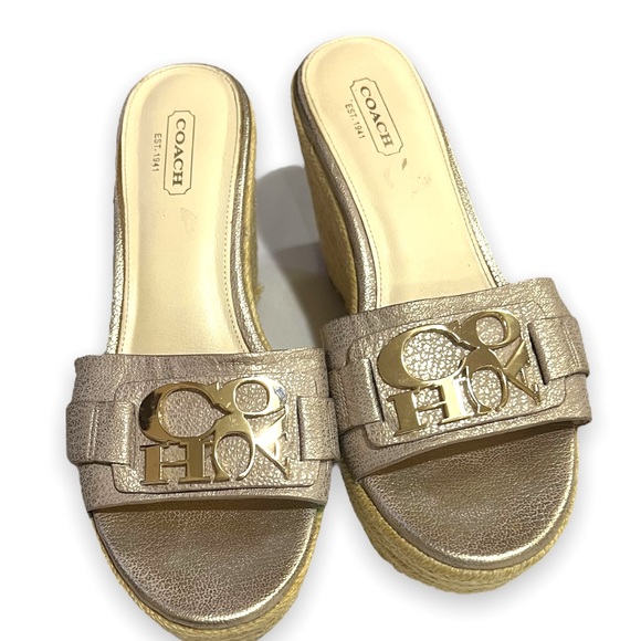 Coach Shoes - COACH Carlana Platform Wedge Espadrilles Metallic Slide Slip On Sandal Size 7.5